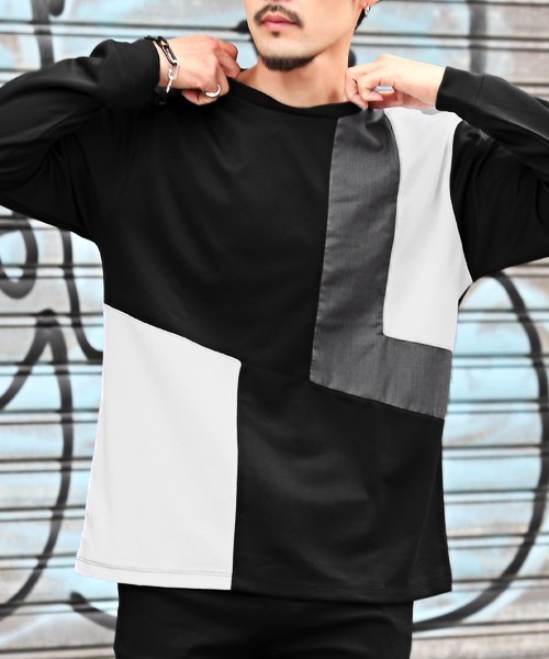 LUXSTYLE(ラグスタイル)の「ポンチブロック切替ロンT(Tシャツ/カットソー・メンズ・グリーン/ホワイト/ブラック・L/M)」の3枚目の写真