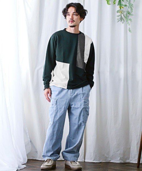LUXSTYLE(ラグスタイル)の「ポンチブロック切替ロンT(Tシャツ/カットソー・メンズ・グリーン/ホワイト/ブラック・L/M)」の8枚目の写真