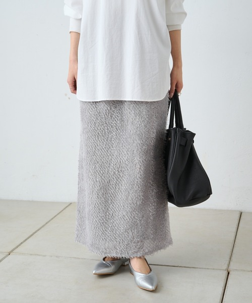 PUAL CE CIN（ピュアルセシン）の「フリンジジャガードナロースカート（スカート・レディース・ブラック/グレイッシュベージュ・FREE）」の9枚目の写真