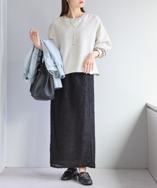 PUAL CE CIN（ピュアルセシン）の「フリンジジャガードナロースカート（スカート・レディース・ブラック/グレイッシュベージュ・FREE）」の20枚目の写真