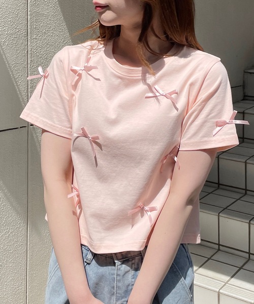 one way（ワンウェイ）の「リボンまみれTシャツ（Tシャツ/カットソー・レディース・ピンク/ホワイト×ブラック/ホワイト×ブルー/ブラック・FREE）」の4枚目の写真