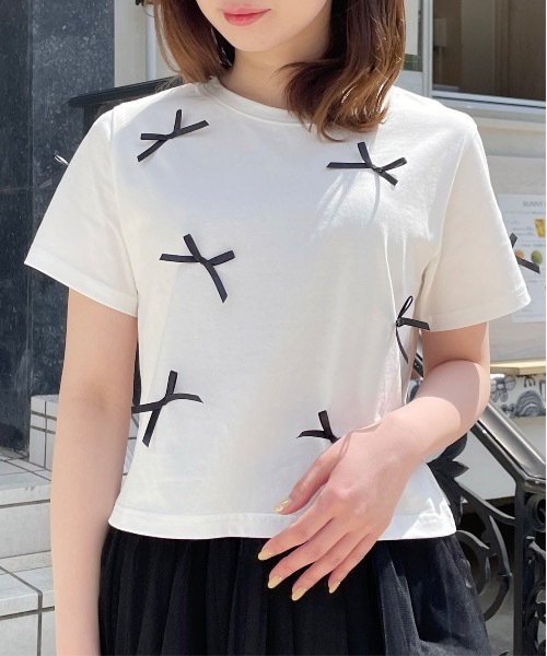 one way（ワンウェイ）の「リボンまみれTシャツ（Tシャツ/カットソー・レディース・ピンク/ホワイト×ブラック/ホワイト×ブルー/ブラック・FREE）」の8枚目の写真