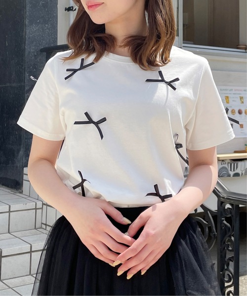 one way（ワンウェイ）の「リボンまみれTシャツ（Tシャツ/カットソー・レディース・ピンク/ホワイト×ブラック/ホワイト×ブルー/ブラック・FREE）」の9枚目の写真