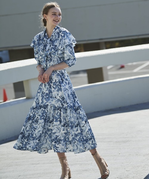 アンドクチュール　And Couture 青ドット柄長袖ワンピース アニマルドット柄フリル袖ワンピース(504796051) | AND COUTURE