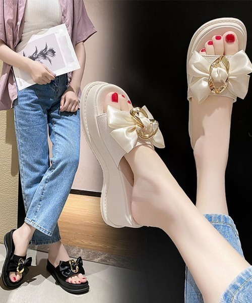 Miniministore（ミニミニストア）の「厚底サンダル 蝶結び レディース 夏靴（サンダル・レディース・アイボリー/ブラック・22.5cm/23.0cm/24.5cm/23.5cm/24.0cm）」の12枚目の写真