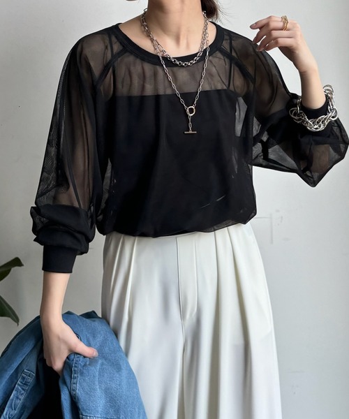 DouDou(ドゥドゥ)の「【WEB限定】チュールラウンドネックプルオーバー(Tシャツ/カットソー・レディース・ブラック/グレー/ネイビー・FREE)」の18枚目の写真