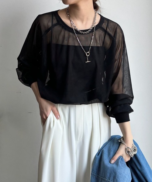 DouDou(ドゥドゥ)の「【WEB限定】チュールラウンドネックプルオーバー(Tシャツ/カットソー・レディース・ブラック/グレー/ネイビー・FREE)」の19枚目の写真