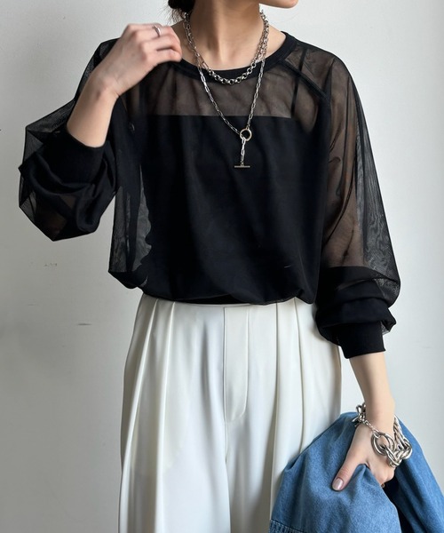 DouDou(ドゥドゥ)の「【WEB限定】チュールラウンドネックプルオーバー(Tシャツ/カットソー・レディース・ブラック/グレー/ネイビー・FREE)」の20枚目の写真