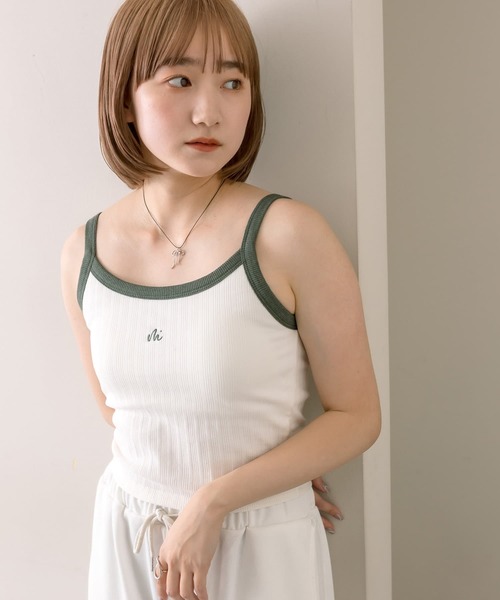 mline（エムライン）の「【4色展開】[mline]配色刺繍タンクトップ（タンクトップ・レディース・ブラック/オフホワイト/イエロー/グリーン・FREE）」の2枚目の写真