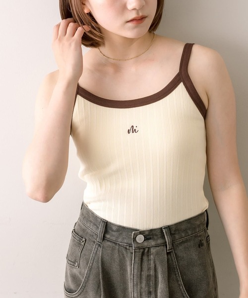 mline（エムライン）の「【4色展開】[mline]配色刺繍タンクトップ（タンクトップ・レディース・ブラック/オフホワイト/イエロー/グリーン・FREE）」の4枚目の写真