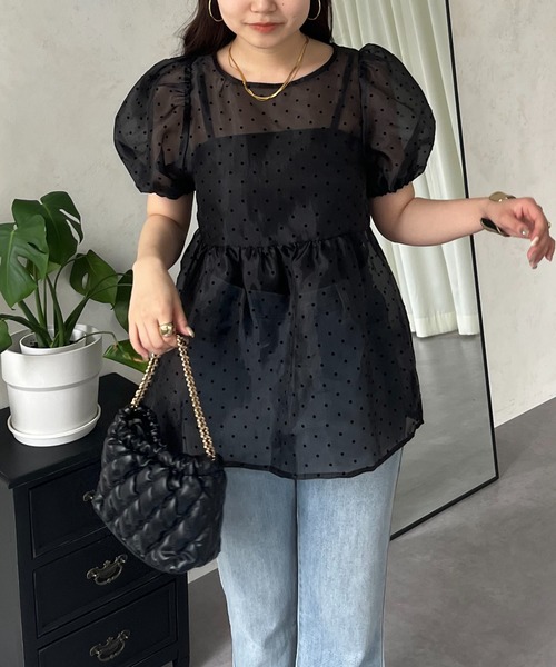 prose verse（プロズヴェール）の「【ドット柄】フロッキードットオーガンジーペプラムブラウス（シャツ/ブラウス・レディース・ブラック/アイボリー・LARGE/MEDIUM）」の3枚目の写真