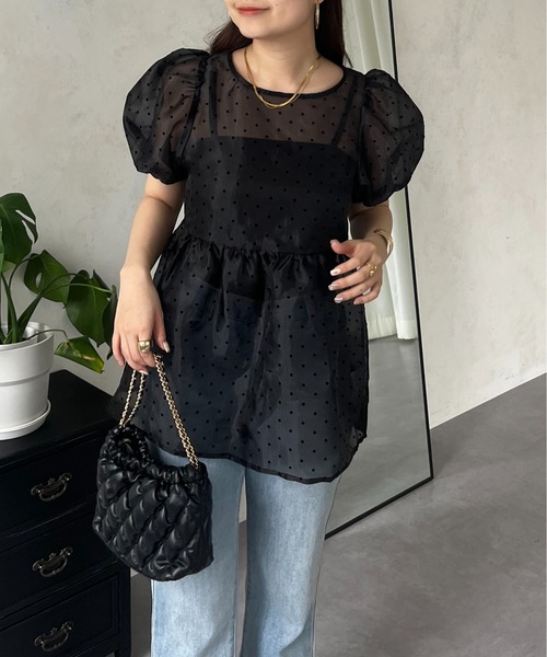 prose verse（プロズヴェール）の「【ドット柄】フロッキードットオーガンジーペプラムブラウス（シャツ/ブラウス・レディース・ブラック/アイボリー・LARGE/MEDIUM）」の4枚目の写真