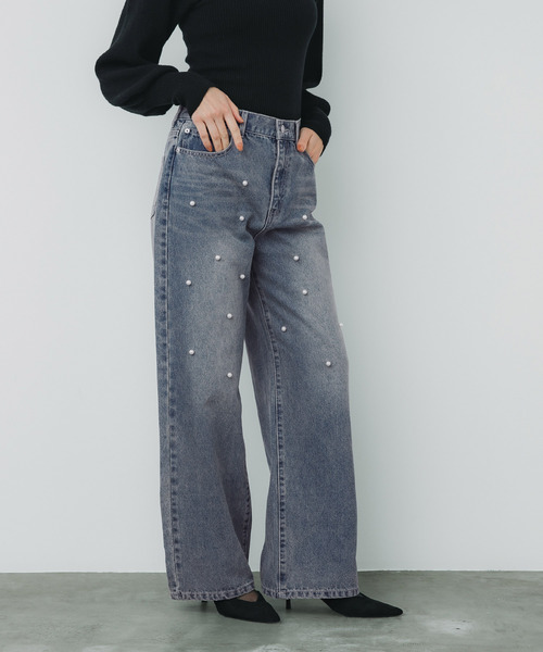 coca（coca）（コカ）の「フロントパールワイドストレートデニム（デニムパンツ・レディース・ライトブルー/ブルー・S/M/L）」の7枚目の写真