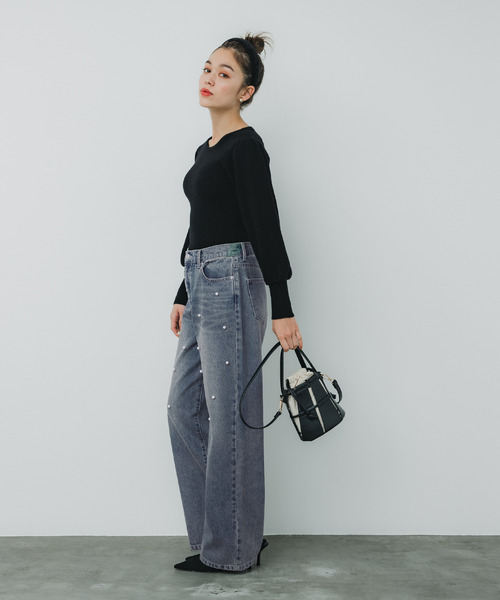 coca（coca）（コカ）の「フロントパールワイドストレートデニム（デニムパンツ・レディース・ライトブルー/ブルー・S/M/L）」の9枚目の写真