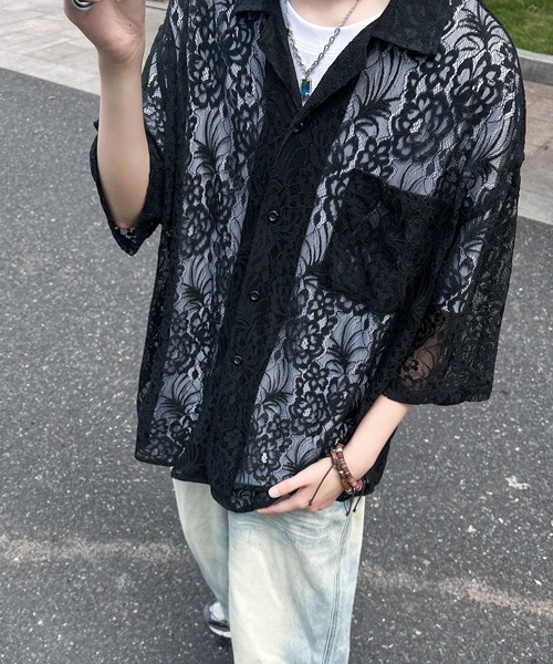 セール】【FVLMEN】flower lace sheer opencollar halfsleeve shirt 