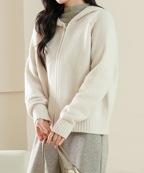 Lace Ladies(レースレディース)の「フロントジップ コンパクト 長袖 フーデット ニット カーディガン(カーディガン/ボレロ・レディース・イエロー/アイボリー/グレー・FREE)」の12枚目の写真