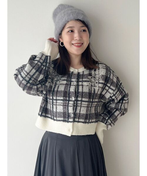 MERCURYDUO（マーキュリーデュオ）の「エンブロイダリーラメチェックシャギーカーディガン（カーディガン/ボレロ・レディース・アイボリー/チャコールグレー・FREE）」の12枚目の写真