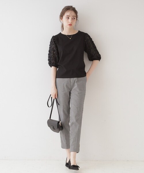 couture brooch(クチュールブローチ)の「◆【二の腕カバー】シフォンエンブロチュール袖カットソー(Tシャツ/カットソー・レディース・ブラック/オフホワイト・38/42)」の14枚目の写真