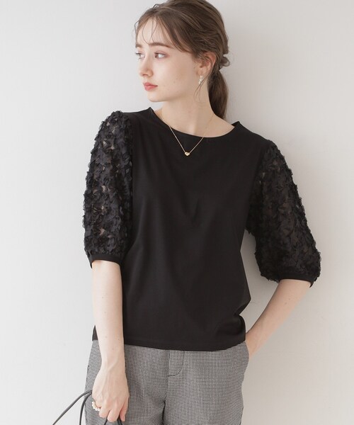 couture brooch(クチュールブローチ)の「◆【二の腕カバー】シフォンエンブロチュール袖カットソー(Tシャツ/カットソー・レディース・ブラック/オフホワイト・38/42)」の17枚目の写真