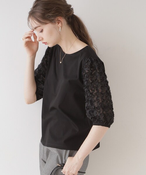 couture brooch(クチュールブローチ)の「◆【二の腕カバー】シフォンエンブロチュール袖カットソー(Tシャツ/カットソー・レディース・ブラック/オフホワイト・38/42)」の18枚目の写真