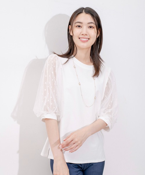 Jayro(ジャイロ)の「袖メッシュパール使いTシャツ(Tシャツ/カットソー・レディース・ホワイト/ブラック・M)」の1枚目の写真
