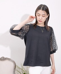 袖メッシュパール使いTシャツ