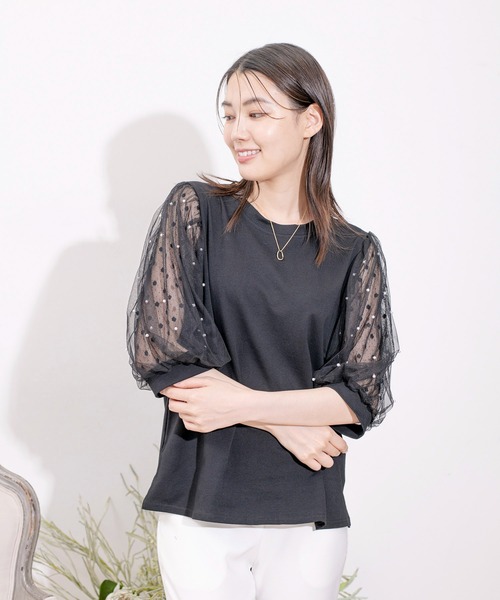 Jayro(ジャイロ)の「袖メッシュパール使いTシャツ(Tシャツ/カットソー・レディース・ホワイト/ブラック・M)」の3枚目の写真