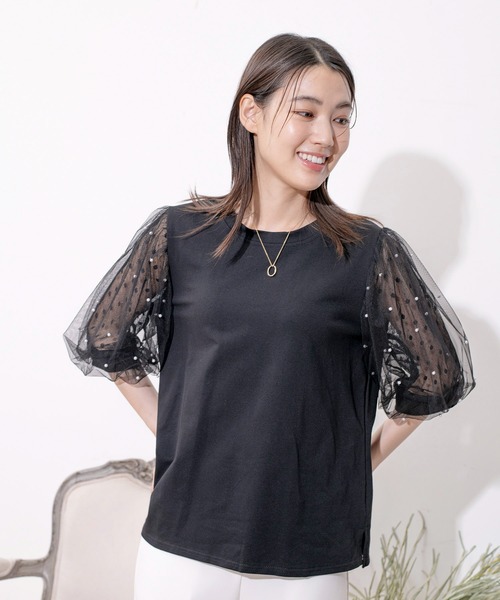 Jayro(ジャイロ)の「袖メッシュパール使いTシャツ(Tシャツ/カットソー・レディース・ホワイト/ブラック・M)」の4枚目の写真