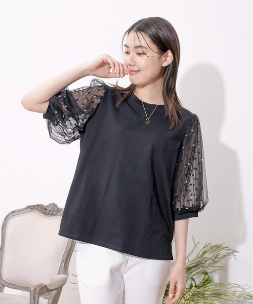 Jayro(ジャイロ)の「袖メッシュパール使いTシャツ(Tシャツ/カットソー・レディース・ホワイト/ブラック・M)」の5枚目の写真