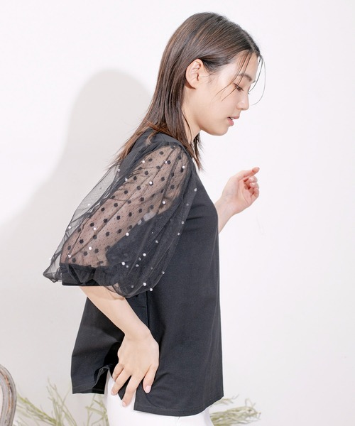 Jayro(ジャイロ)の「袖メッシュパール使いTシャツ(Tシャツ/カットソー・レディース・ホワイト/ブラック・M)」の6枚目の写真