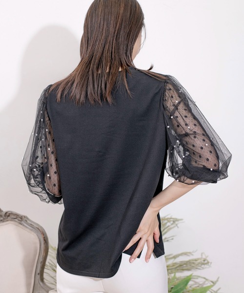 Jayro(ジャイロ)の「袖メッシュパール使いTシャツ(Tシャツ/カットソー・レディース・ホワイト/ブラック・M)」の7枚目の写真