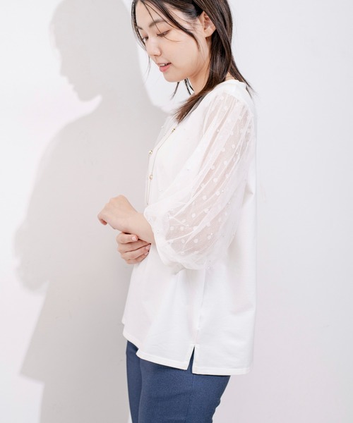 Jayro(ジャイロ)の「袖メッシュパール使いTシャツ(Tシャツ/カットソー・レディース・ホワイト/ブラック・M)」の11枚目の写真