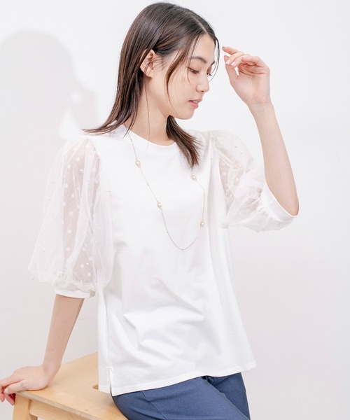 Jayro(ジャイロ)の「袖メッシュパール使いTシャツ(Tシャツ/カットソー・レディース・ホワイト/ブラック・M)」の12枚目の写真