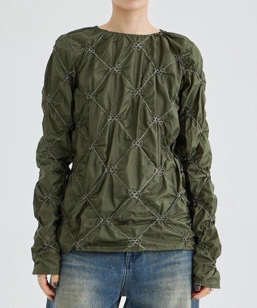 HOUGA（ホウガ）の「【HOUGA/ホウガ】dearly tops/シャーリングカットソー（Tシャツ/カットソー・レディース・カーキ/ホワイト・FREE）」の2枚目の写真