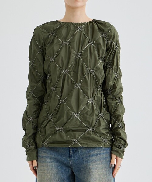 HOUGA（ホウガ）の「【HOUGA/ホウガ】dearly tops/シャーリングカットソー（Tシャツ/カットソー・レディース・カーキ/ホワイト・FREE）」の5枚目の写真