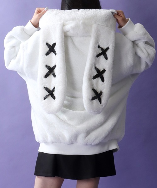 SITRY（シトリー）の「Rabbit Ears Fur Hoodie/オーバーサイズ うさ耳付きフード フルジップパーカー ファーブルゾン ファージャケット（ブルゾン・レディース・ホワイト/ピンク/ブラック/サックスブルー/ブラック系その他・FREE）」の11枚目の写真