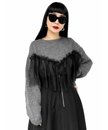 LVEU. | 【LVEU.】チュールフリルドッキングニット(Ai select) / トップス ニット セーター フリル 異素材 ドッキング チュール 切替 オーバー クルーネック 長袖 ブラック チャコール(ニット/セーター)