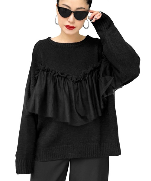 LVEU.（ラブユ.）の「【LVEU.】チュールフリルドッキングニット(Ai select) / トップス ニット セーター フリル 異素材 ドッキング チュール 切替 オーバー クルーネック 長袖 ブラック チャコール（ニット/セーター・レディース・ブラック/チャコールグレー・FREE）」の14枚目の写真