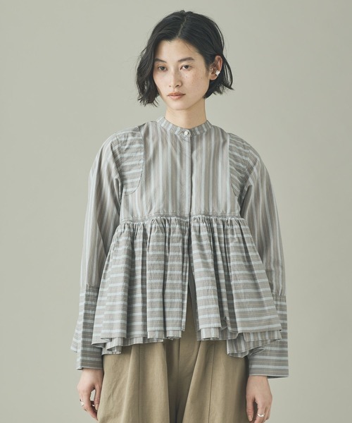Curensology（カレンソロジー）の「Curensology(カレンソロジー)/ストライプレイヤードギャザーブラウス（シャツ/ブラウス・レディース・ブルー/サックスブルー/ブラック/グレー・FREE）」の5枚目の写真