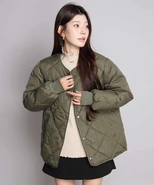 セール】中綿入りノーカラーキルティングジャケット（ノーカラー