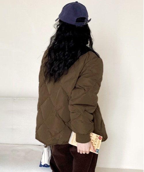 セール】中綿入りノーカラーキルティングジャケット（ノーカラー