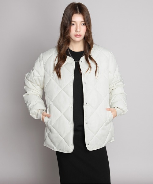 DECEMBERMAY キルティングジャケット ホワイト セール】中綿入りノーカラーキルティングジャケット（ノーカラー
