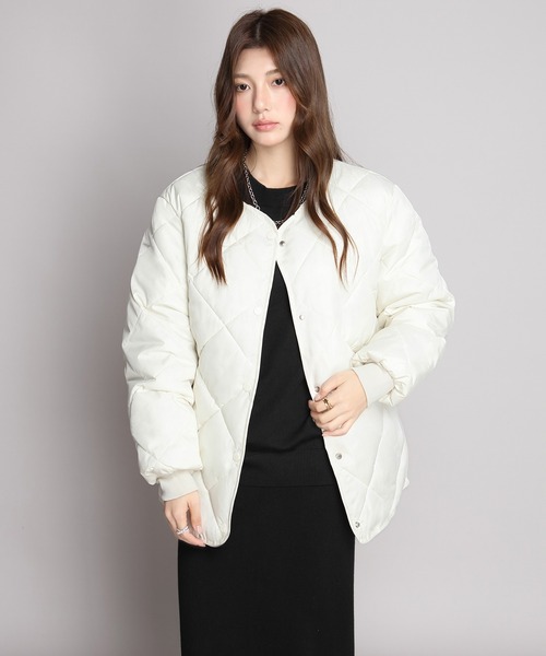 セール】中綿入りノーカラーキルティングジャケット（ノーカラー