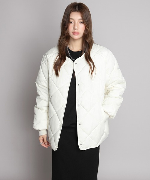 セール】中綿入りノーカラーキルティングジャケット（ノーカラー