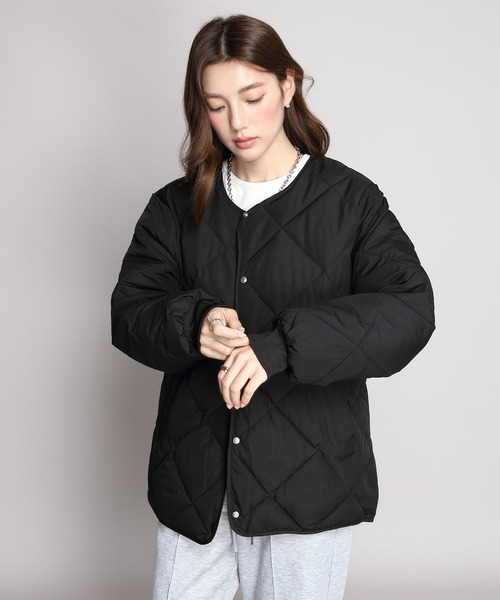 セール】中綿入りノーカラーキルティングジャケット（ノーカラー