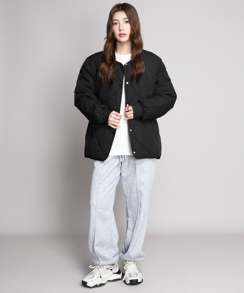 セール】中綿入りノーカラーキルティングジャケット（ノーカラー