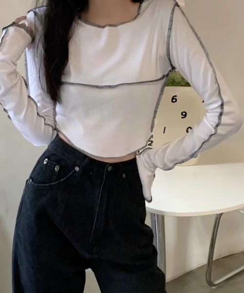 SHEPP(シープ)の「カラーステッチ ロンT(Tシャツ/カットソー・レディース・グレー/ホワイト/ブラック・M/L)」の7枚目の写真