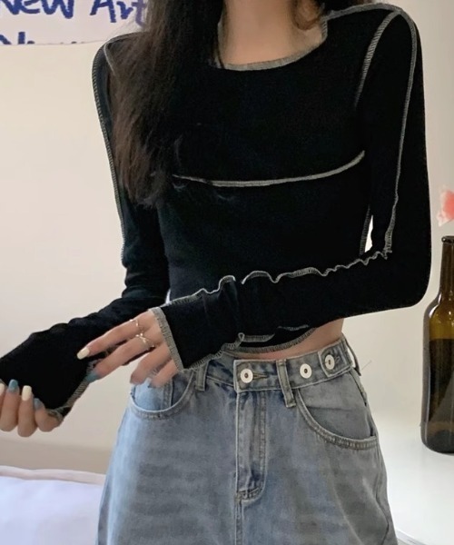 SHEPP(シープ)の「カラーステッチ ロンT(Tシャツ/カットソー・レディース・グレー/ホワイト/ブラック・M/L)」の4枚目の写真