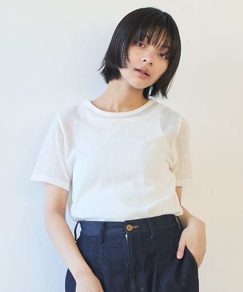 bulle de savon(ビュルデサボン)の「△hana×mesh ジャガード 半袖プルオーバー(Tシャツ/カットソー・レディース・カーキ/チャコールグレー/ホワイト/キナリ・FREE)」の5枚目の写真