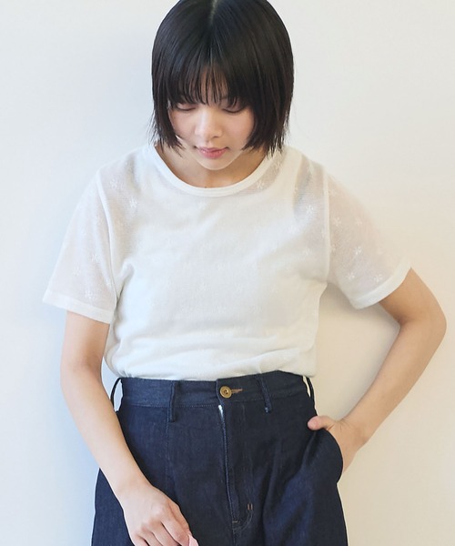 bulle de savon(ビュルデサボン)の「△hana×mesh ジャガード 半袖プルオーバー(Tシャツ/カットソー・レディース・カーキ/チャコールグレー/ホワイト/キナリ・FREE)」の6枚目の写真